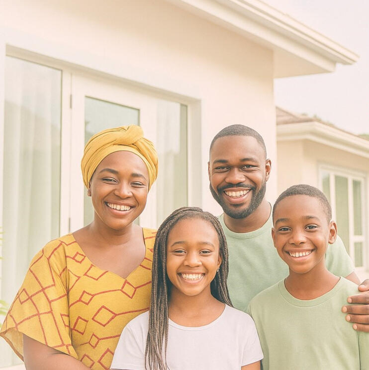 A happy Nigerian family smiling in front of a home, representing guest satisfaction at Nesta accommodations